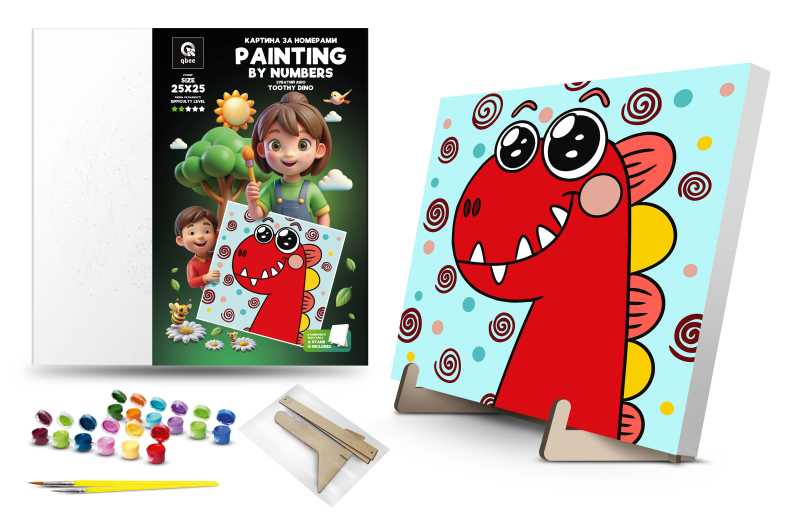 Набір для розпису по номерах 25х25 см QB900-076 "Зубатий Діно" з дерев'яною підставкою qbee