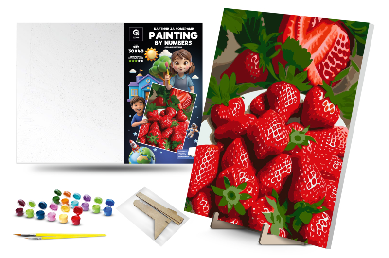 Набір для розпису по номерах 30х40 см QB900-069 "Солодка полуниця" з дерев'яною підставкою qbee