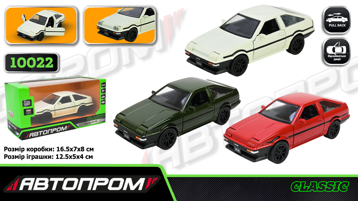Іграшка машина мет. АВТОПРОМ арт. 10022 (48шт/2) 5 inch,3 кольори Toyota AE86, відкр.двері, у кор.16,5*7*8см