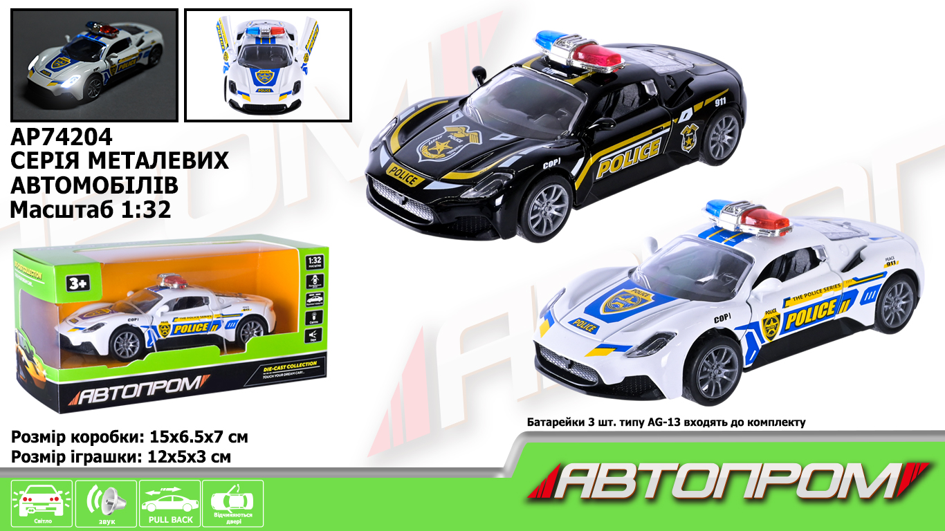 Машина мет. АВТОПРОМ арт. AP74204 (48шт) 1:32,2 цвета,откр.двери,батар.,свет,звук,короб. 15*6,5*7см