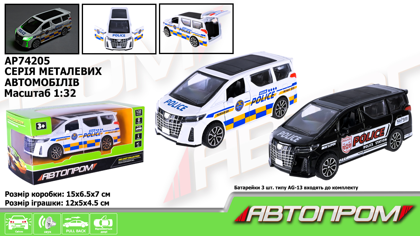 Машина мет. АВТОПРОМ арт. AP74205 (48шт) 1:32,2 кольори, відкр.двері, батар.,світ., звук,короб.15*6,5*7см