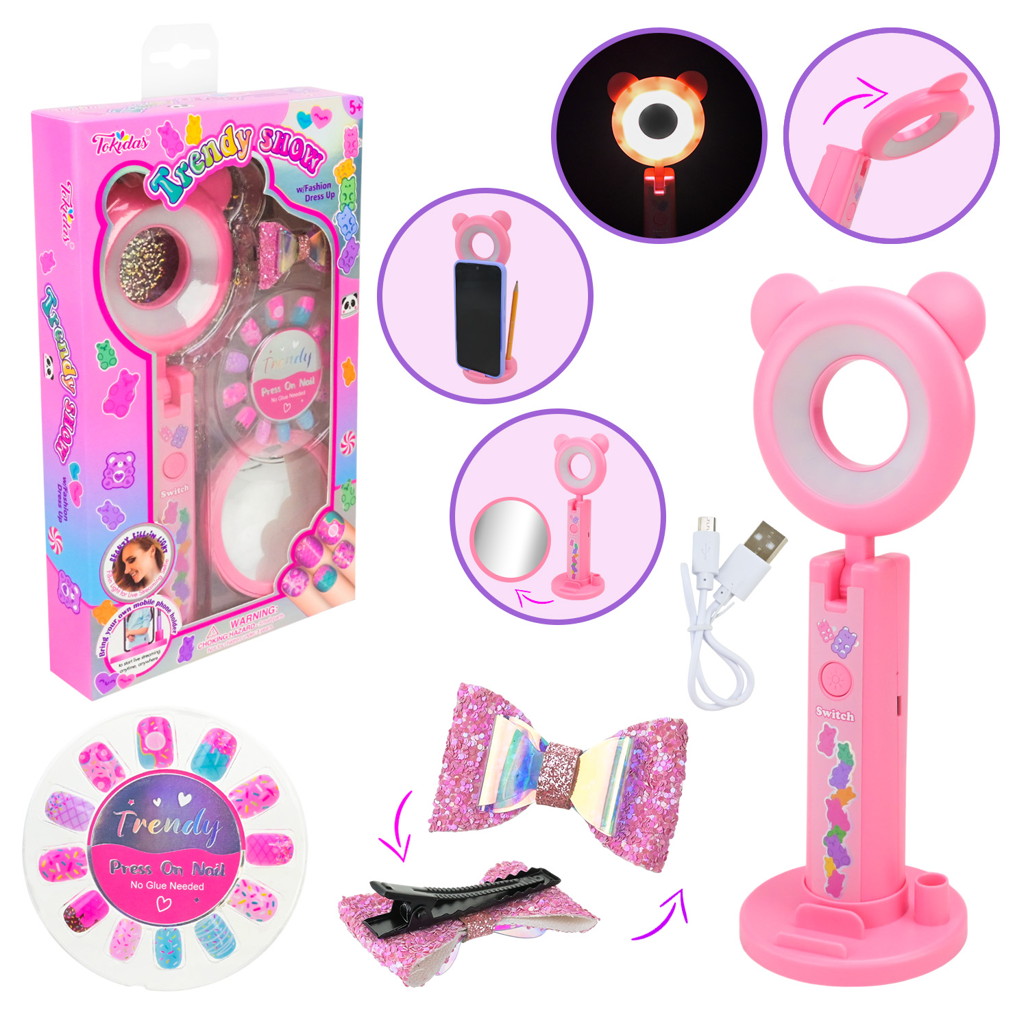 Аксесуари для дівчат арт. T257S (48шт/4)   лампа для селфі з USB кабелем, наліпки на нігті, дзеркало, аксес короб.15,5*4*26 см
