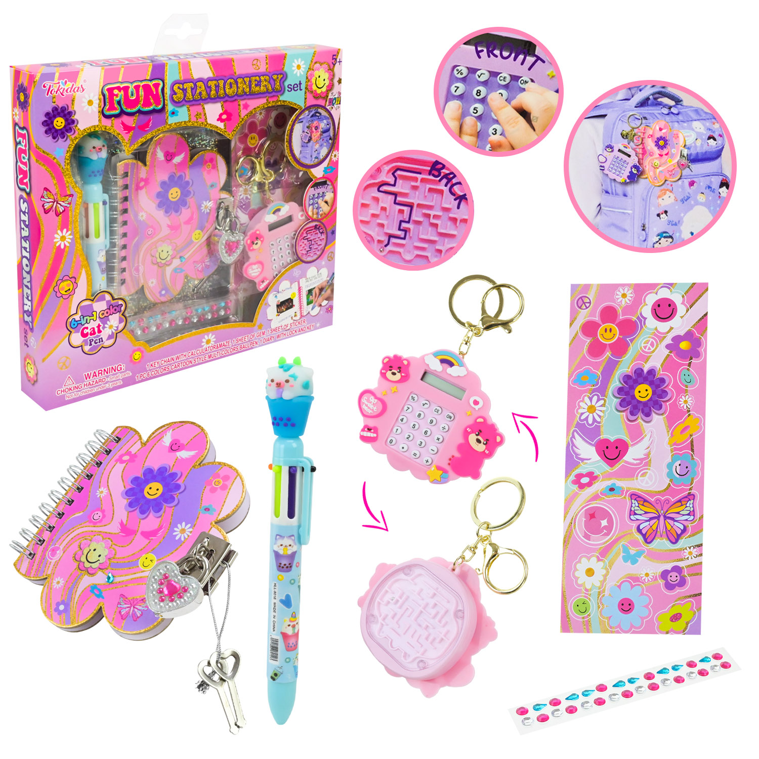 Аксесуари для дівчат арт. T125EF (24шт/4)   чарівний записник, ручка, наліпки.калькулятор-брелок короб.25*3,5*22 см