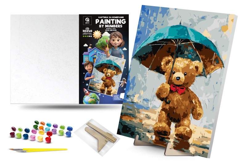 Набір для розпису по номерах 30х40 см QB900-083 "Ведмежа і Дощ" з дерев'яною підставкою qbee