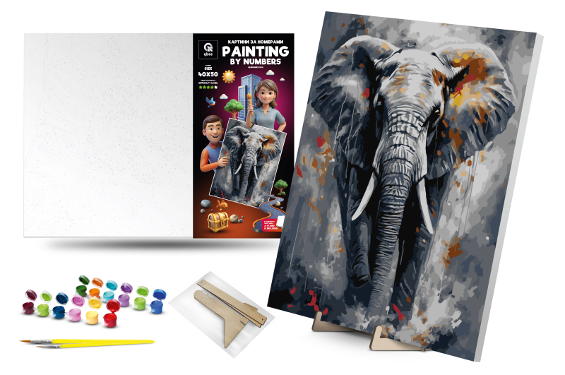 Набір для розпису по номерах 40х50 см QB900-019 "Величний слон" з фарбами металік, з дерев'яною підставкою qbee