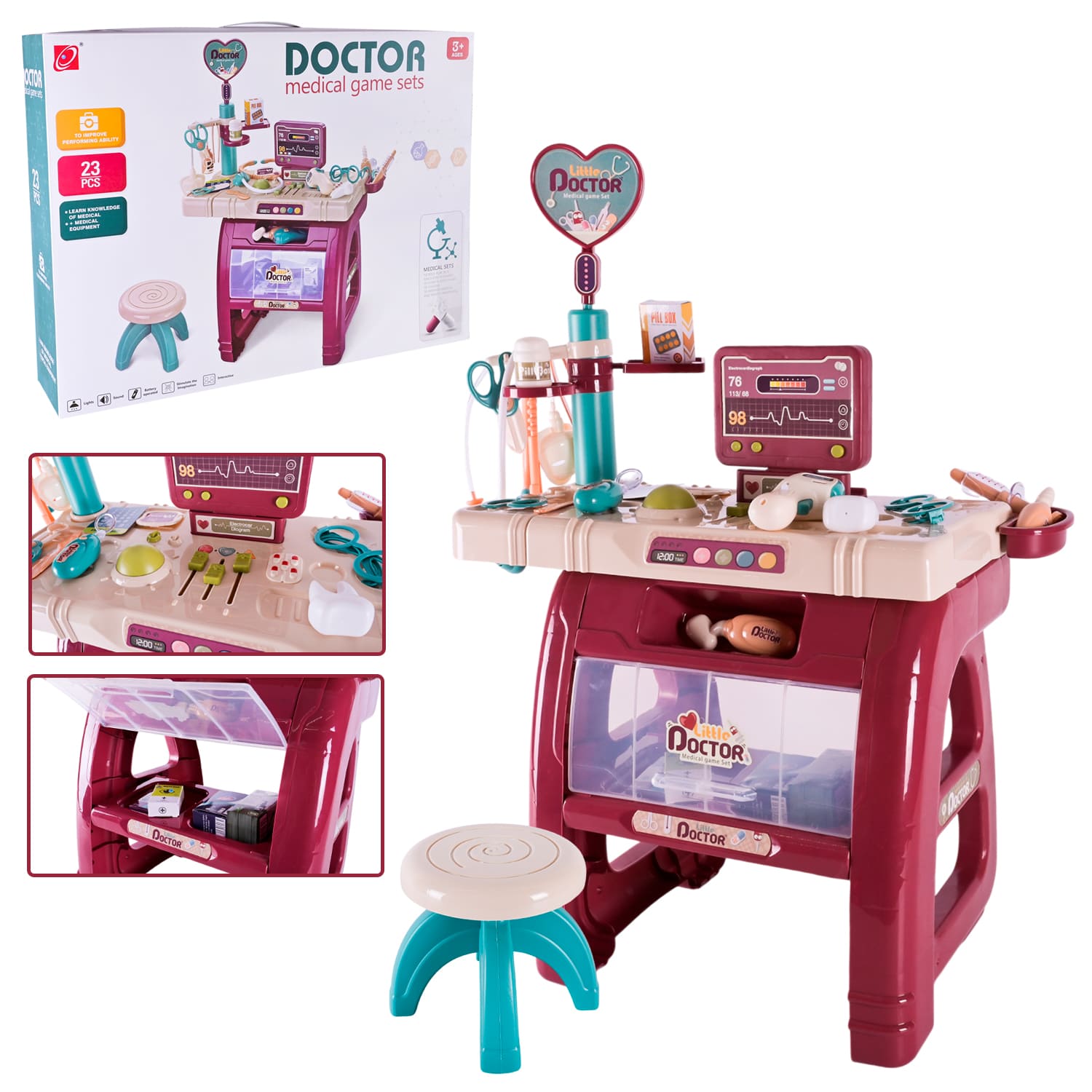 Лікар арт. 660-86 (8шт) батар. стійка, тонометр, градусник, аксес, 26 деталей короб. 61*12*45см