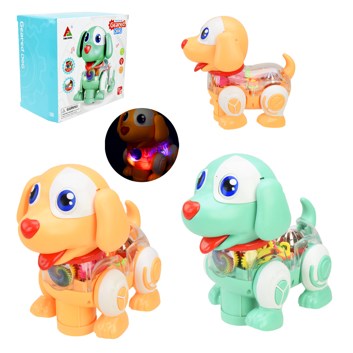 Муз.собака арт.FW-2068A (60шт/2)прозорий корпус,кольорові внутрішні деталі,2 кольори мікс,звук,світло, короб.19*18*11см