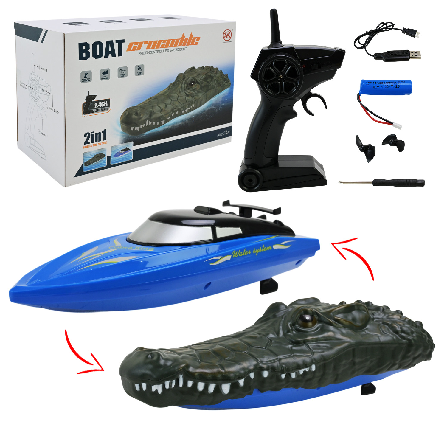 Тварина крокодил р/к арт. RH702 (24шт) пульт, 2 в 1-му, легко трансформується, акумулятор та usb кабель,р/к,,р-р 24*10*6см, короб. 26.5*18.5*13.6 см.