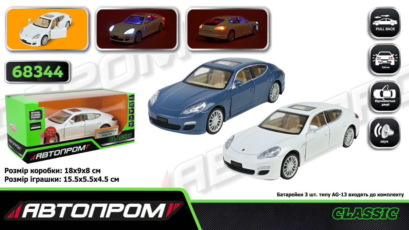 Машина мет. АВТОПРОМ арт. 68344 (48шт/2),1:32 Porsche Panamera S ,батар, світ.,звук,відкр..двері, короб. 18*9*9см