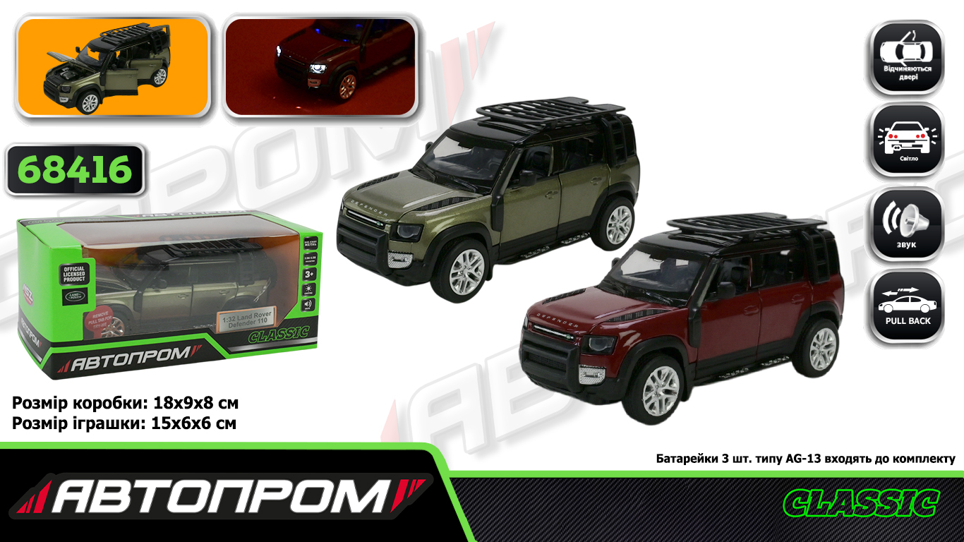 Машина мет. АВТОПРОМ арт. 68416 (48шт/2) 1:32 2020 Land Rover Defender 110, бат.,  світ., звук, відчиняються двері,  короб.  18*9*8 см