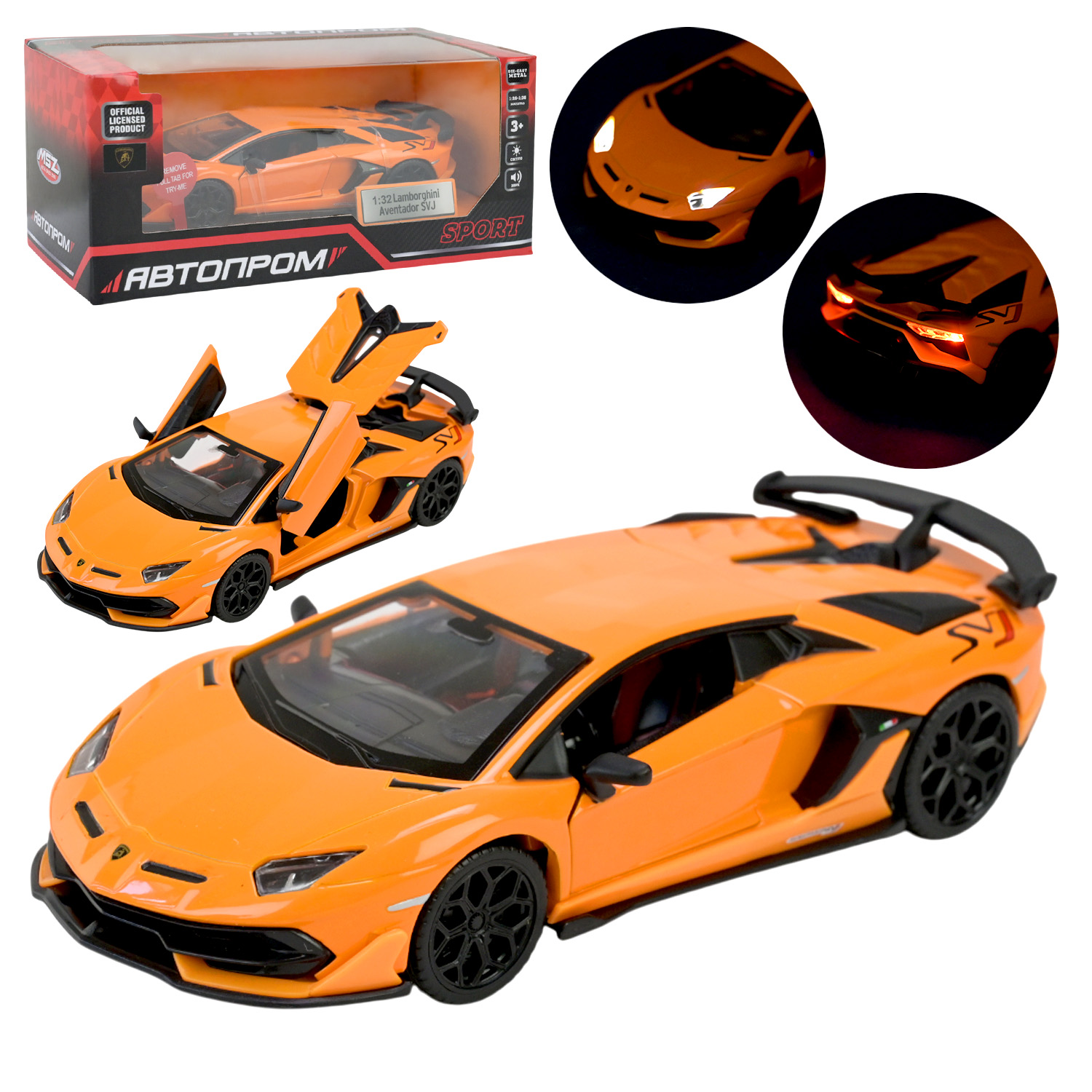 Машина мет. АВТОПРОМ арт. 68473 (48шт/2),1:32 Lamborghini Aventador SVJ,батар, світ.,звук,відкр..двері, короб. 18*9*9см