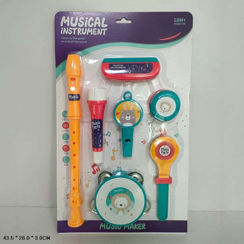 Музичні інструменти арт. 3220E (48шт) флейта, губна гармошка, бубенці, 2 маракаси, планшет 43,5*26*3см.
