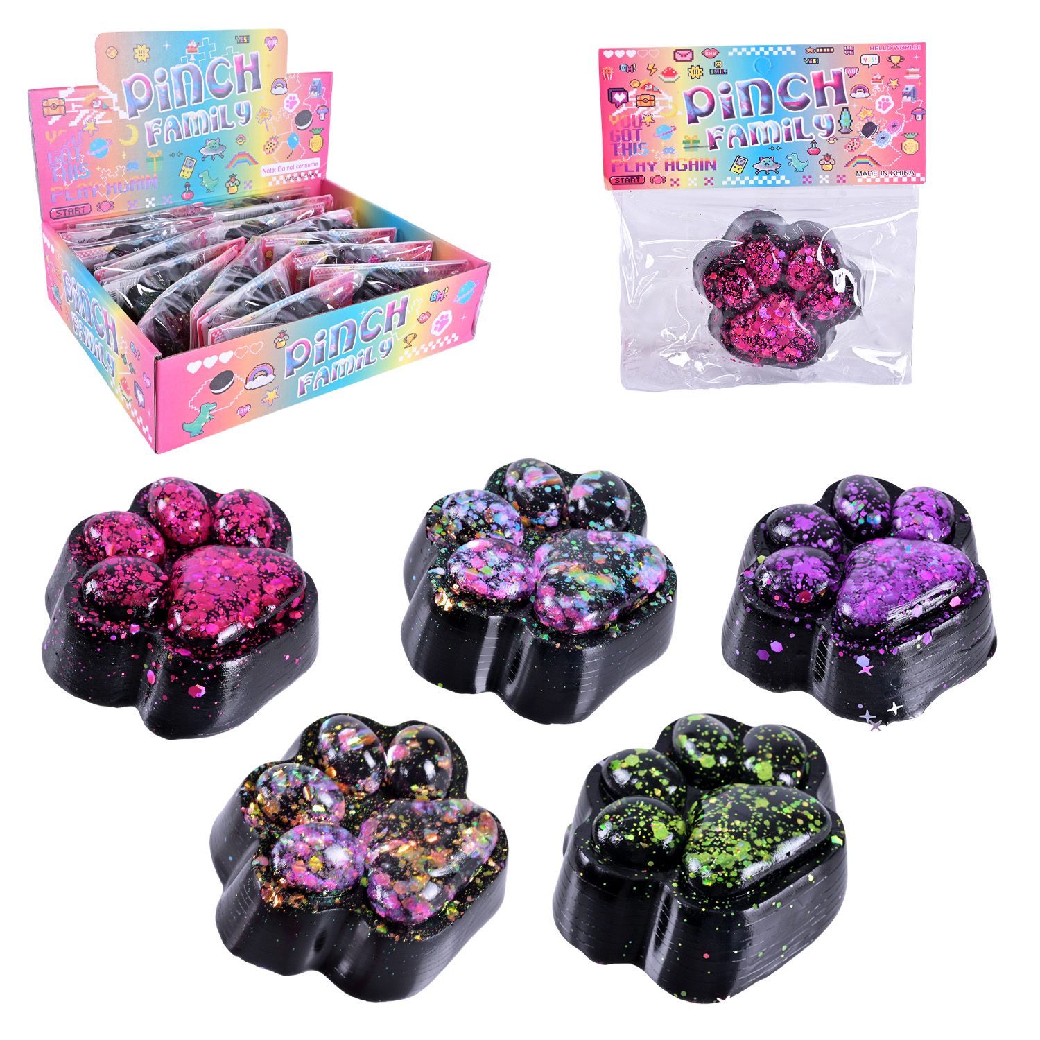 Антистрес арт. C29305 (384шт) Таба лапка чорна з блискітками 6*7см 16шт дисплей бокс 28,5*21*7 см