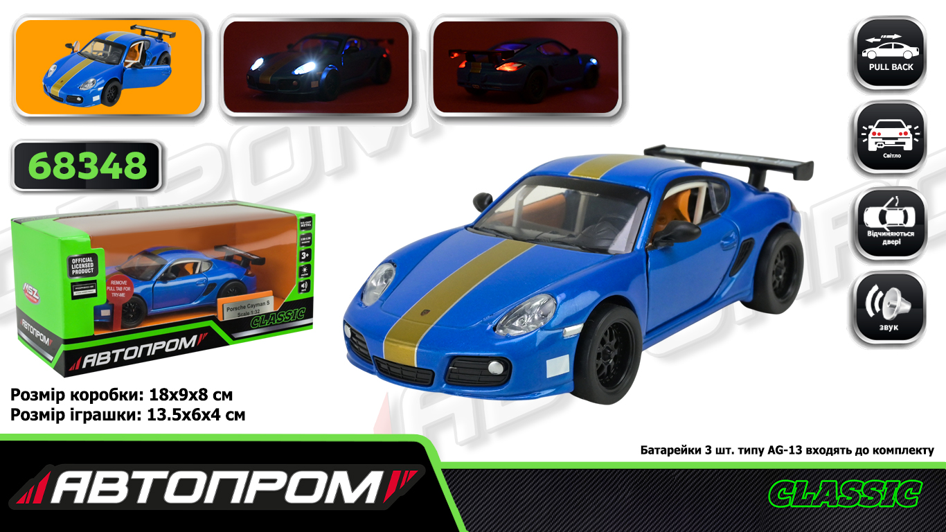 Машина мет. АВТОПРОМ арт. 68348 (48шт/2) 1:32 Porsche Cayman S, батар,світло,звук,відкр.двері,кор. 18*9*8см