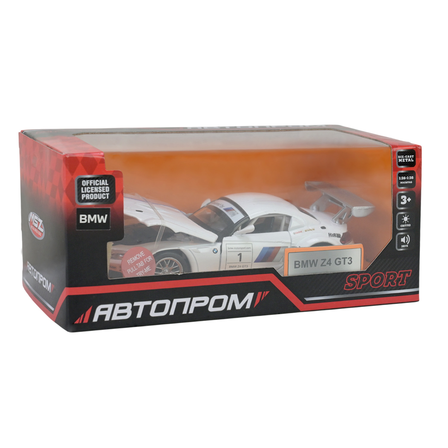 Машина мет. АВТОПРОМ арт. 68349 (48шт/2) 1:32 BMW Z4 GT3,капот, батар,світло,звук,відкр.двері,кор. 18*9*8см