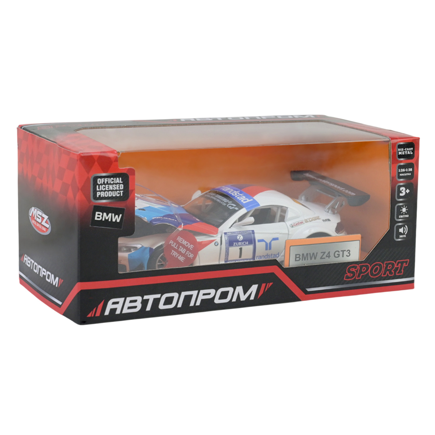 Машина мет. АВТОПРОМ арт. 68349C (48шт/2) 1:32 BMW Z4 GT3,капот батар,світло,звук,відкр.двері,кор. 18*9*8см