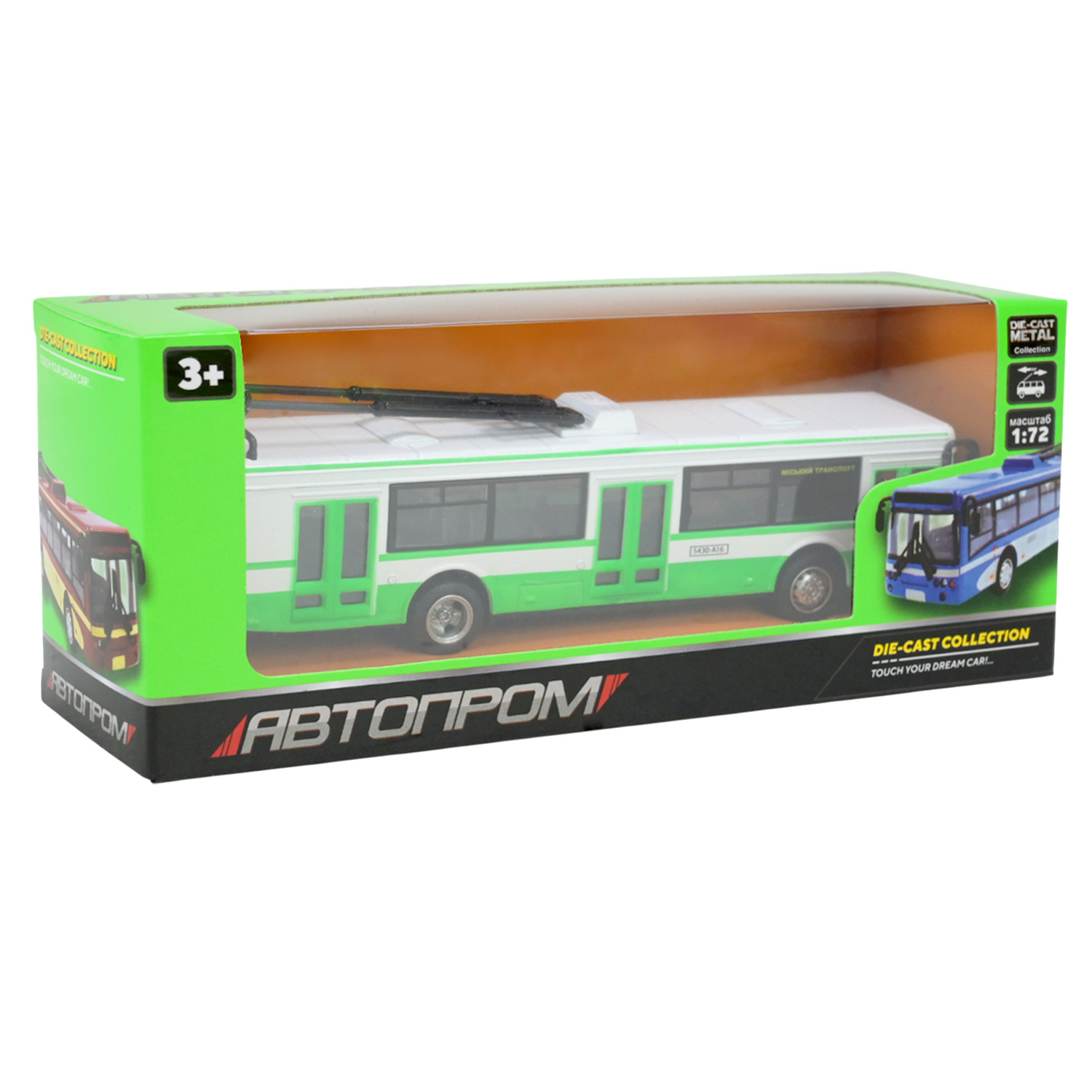 Троллейбус металл 6407ABCD (96шт/4) "АВТОПРОМ",1:72,4 цвета, в кор.20*6*8см