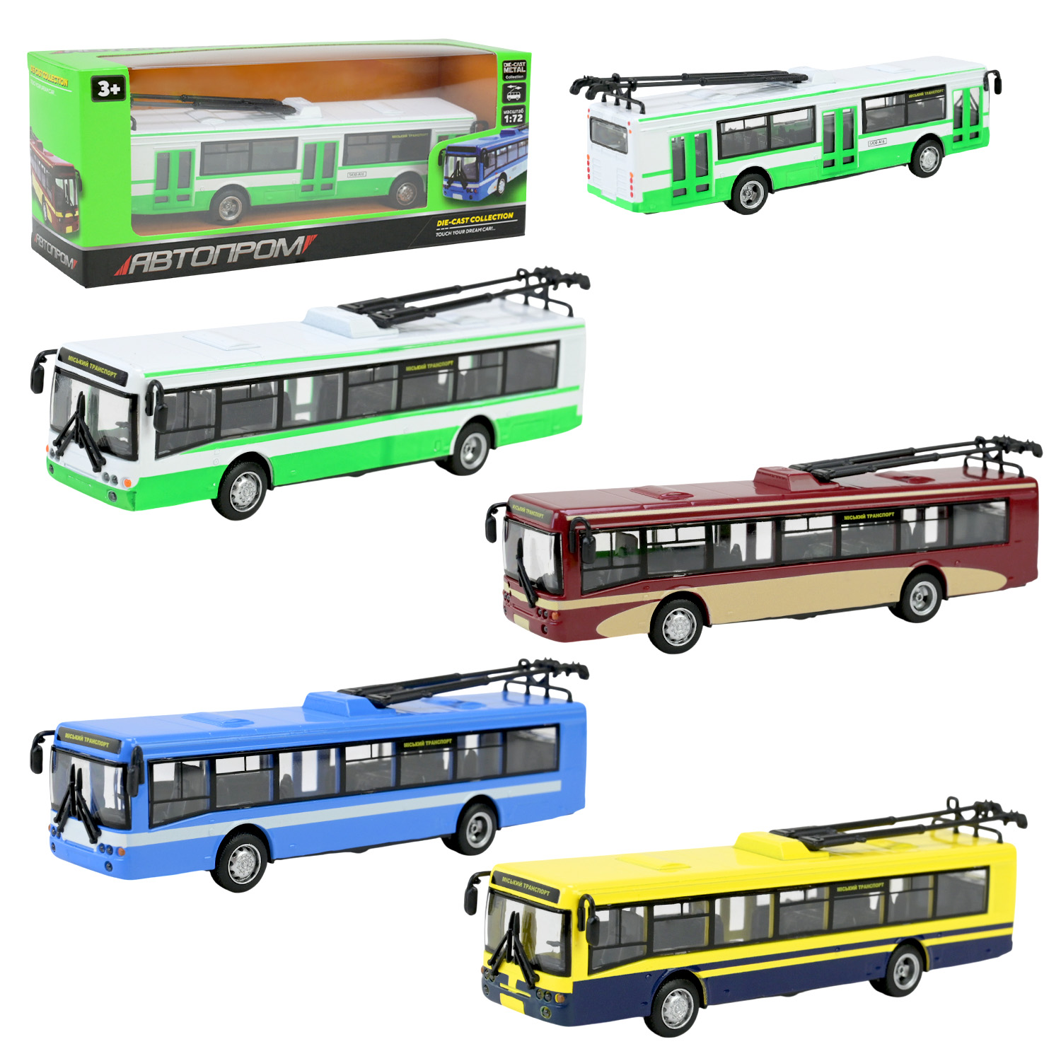 Троллейбус металл 6407ABCD (96шт/4) "АВТОПРОМ",1:72,4 цвета, в кор.20*6*8см