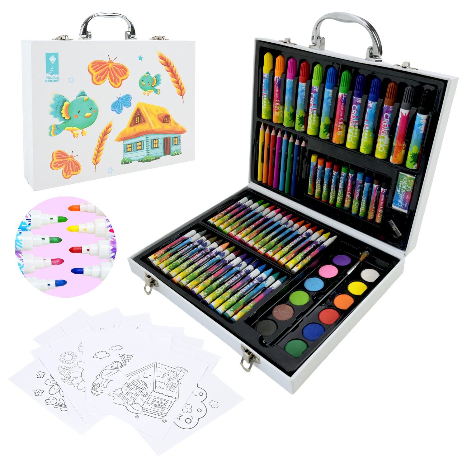 Набір для творчого малювання арт.PL-725-36 (24шт) 75 предмета,крейда,акварельні фарби,фломастери,18 аркушів розмальовок, валіза 26,7*4,8*21,7 см