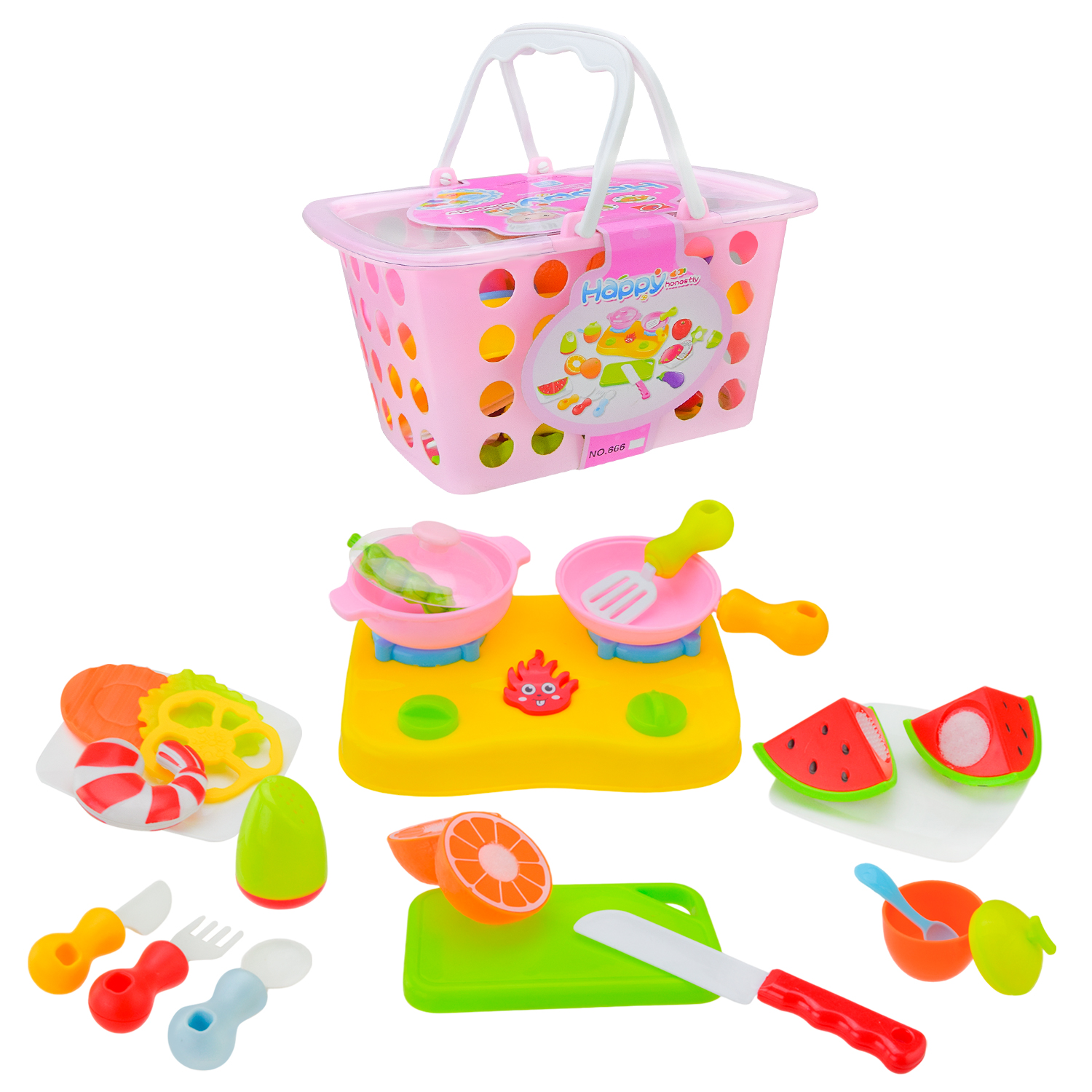 Продукти набір арт. 666-45 (60шт/2)  овочі та фрукти на липучці, плита, каструля, Аксесуари, кошик 17*23*13 см