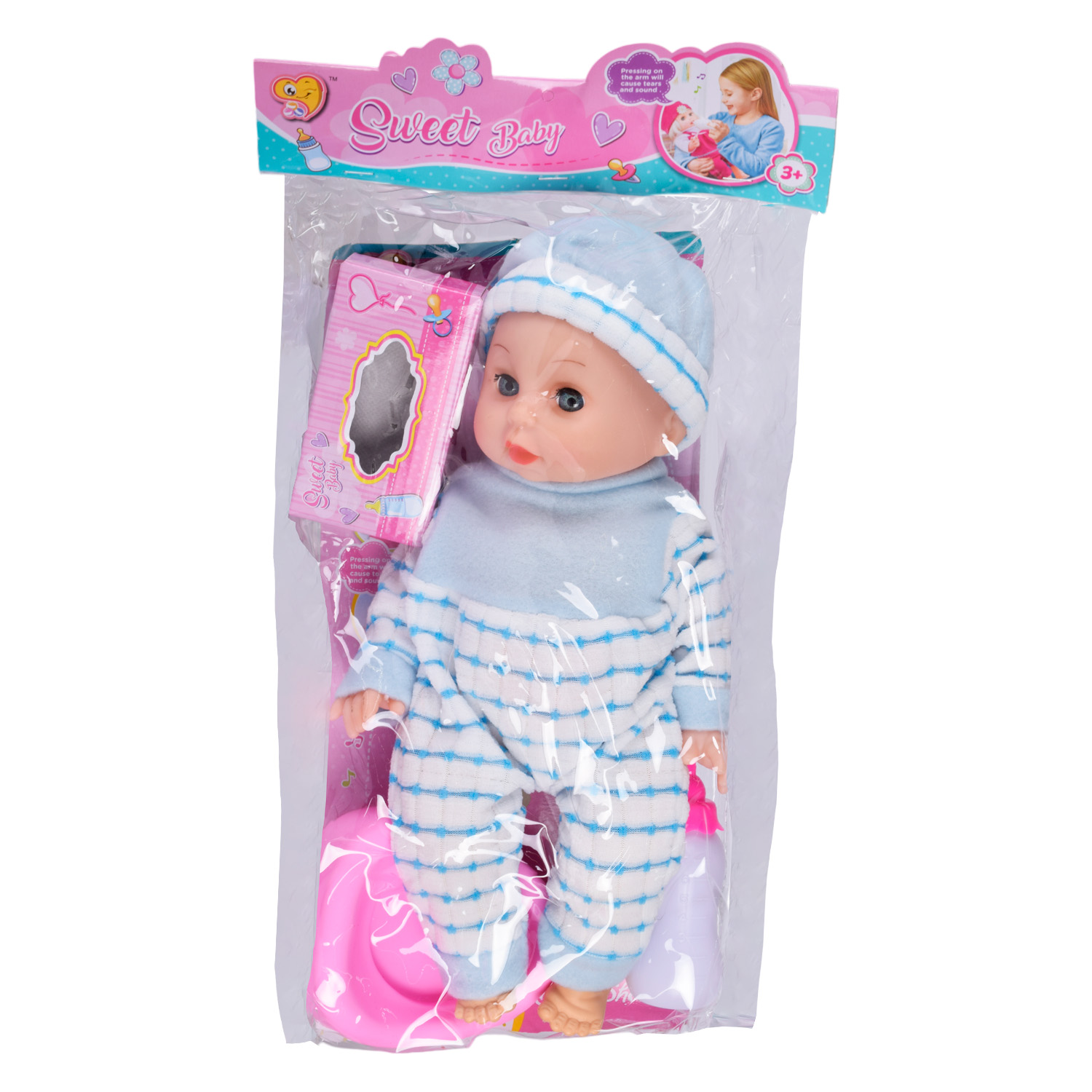 Пупс функц арт. 999-5 (72шт/2) батар. мікс 2 види, муз. пьє, пісяє, плаче сльозами. аксес пакет 46*10*24см