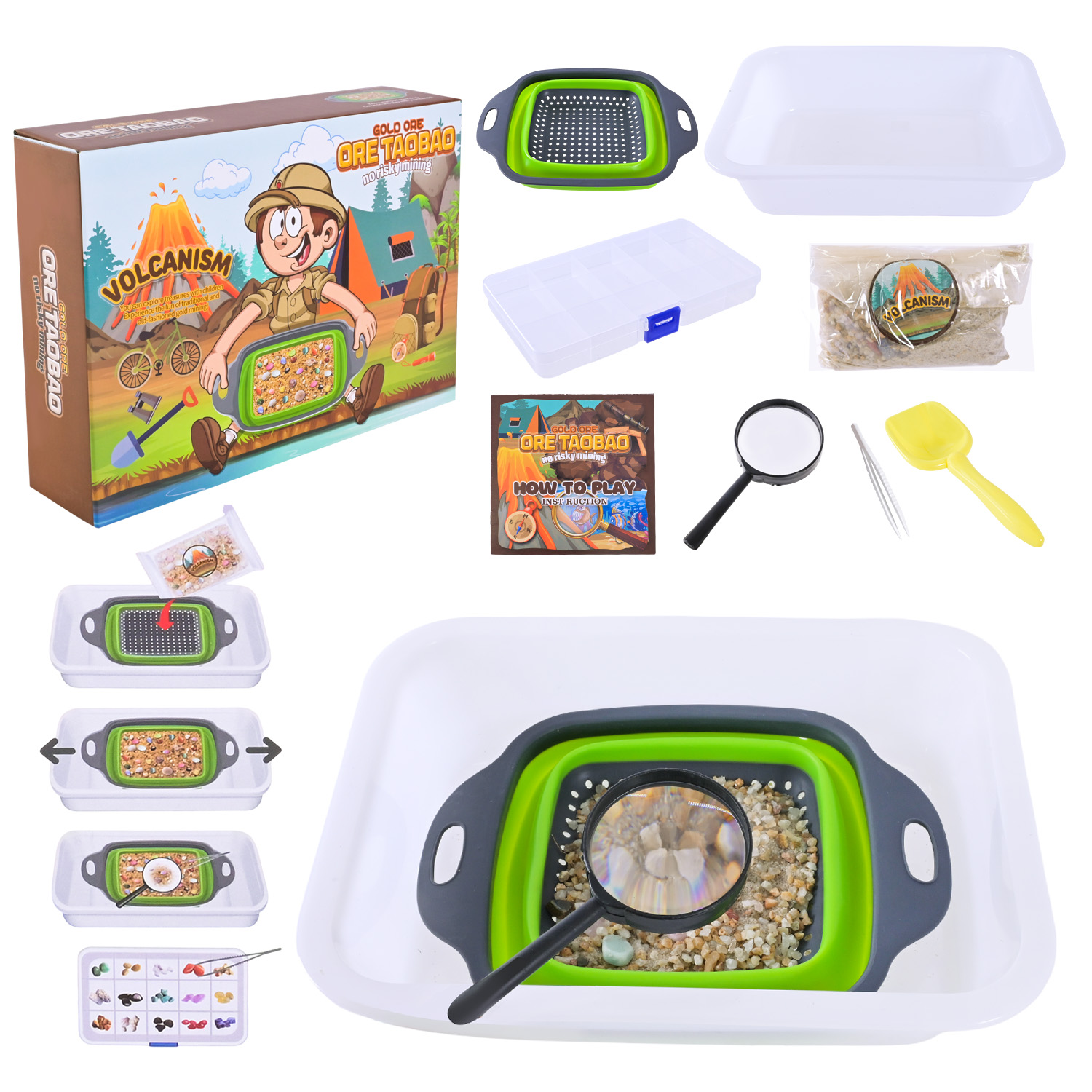 Набір золотошукача арт. HX55-1Y (18шт) сіто для промивання, муляжі скарбів, інструменти, короб.30*7,5*22см