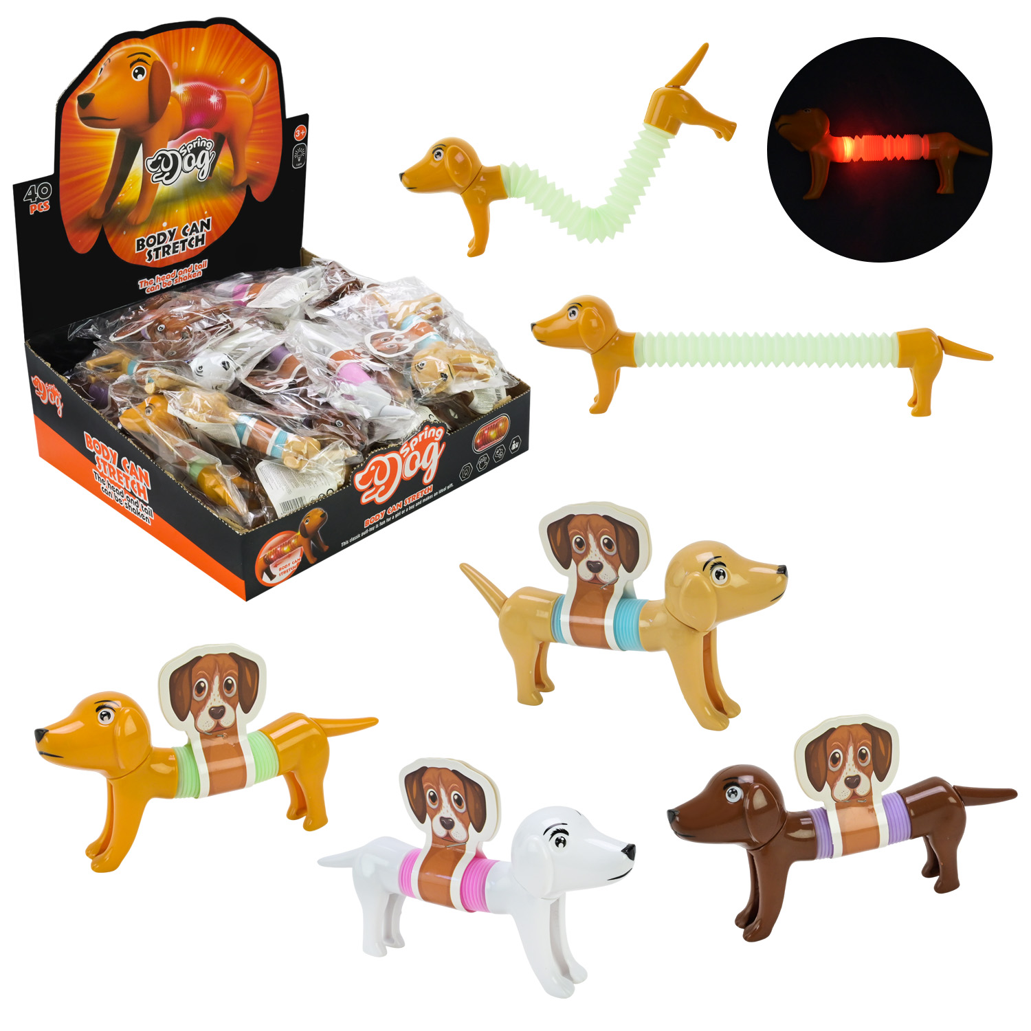 Антистрес арт. K25722 (960шт/2) песик зі світлом 14см розтяг до 24см 40шт диспл. бокс/ціна за шт/ пакет 15*3*10 см, дисплей 30*28*11 см