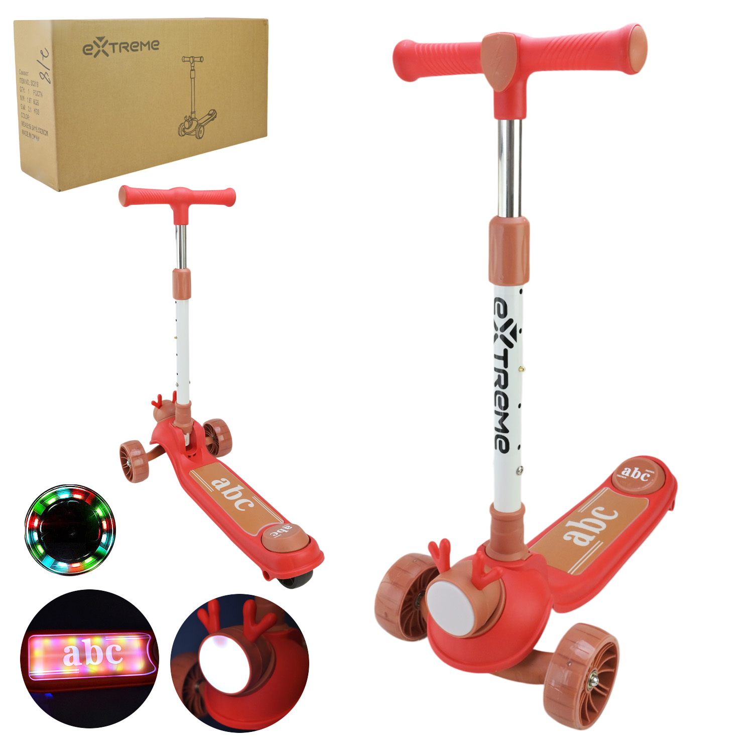 Самокат дитячий 3-х коліс арт. SC818_Red  (1шт)  ЧЕРВОНИЙ,3 колеса, PU світло, заднє пластик,світло короб.