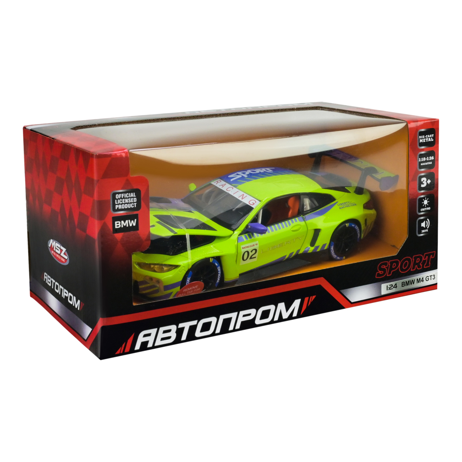 Машина мет. АВТОПРОМ арт. 68282A(PG) (12шт/2) 1:24 BMW M4 GT3, батар,світло,звук,відкр.двері,кор. 24,5*14*12см