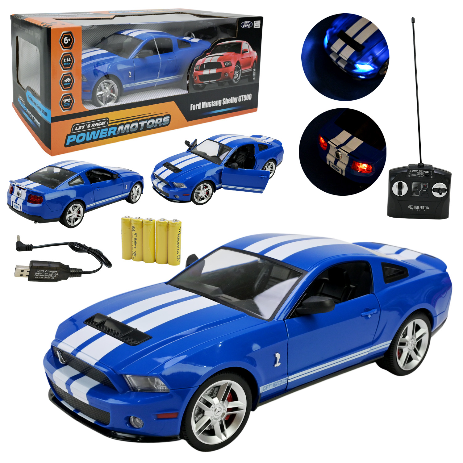 Машина р/к арт. PM1404 BLUE (12шт),"POWERMOTORS",1:14 FORD MUSTANG,синій колір, акум.бат., світло, відкр.двері у кор.45*19,5*17см.
