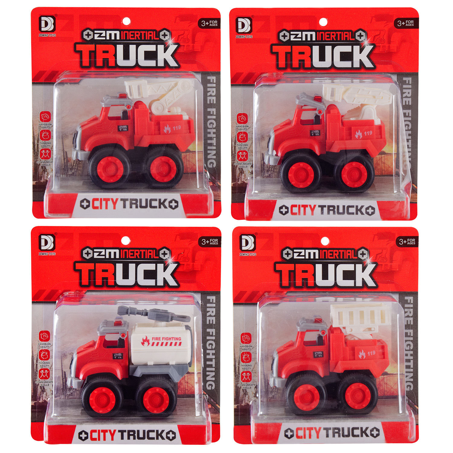 Пожежна машина арт. 3319A/B/C/D (60шт/2) 4 види, р-р іграшки, 9*11,5*9см, планшет см