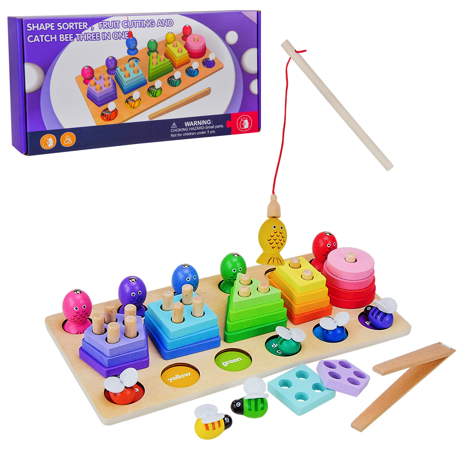 Дерев'яна іграшка арт. WD13021 (27шт) 3в1 пірамідки, риболовля, сортер у коробці 32,5*16*6 см