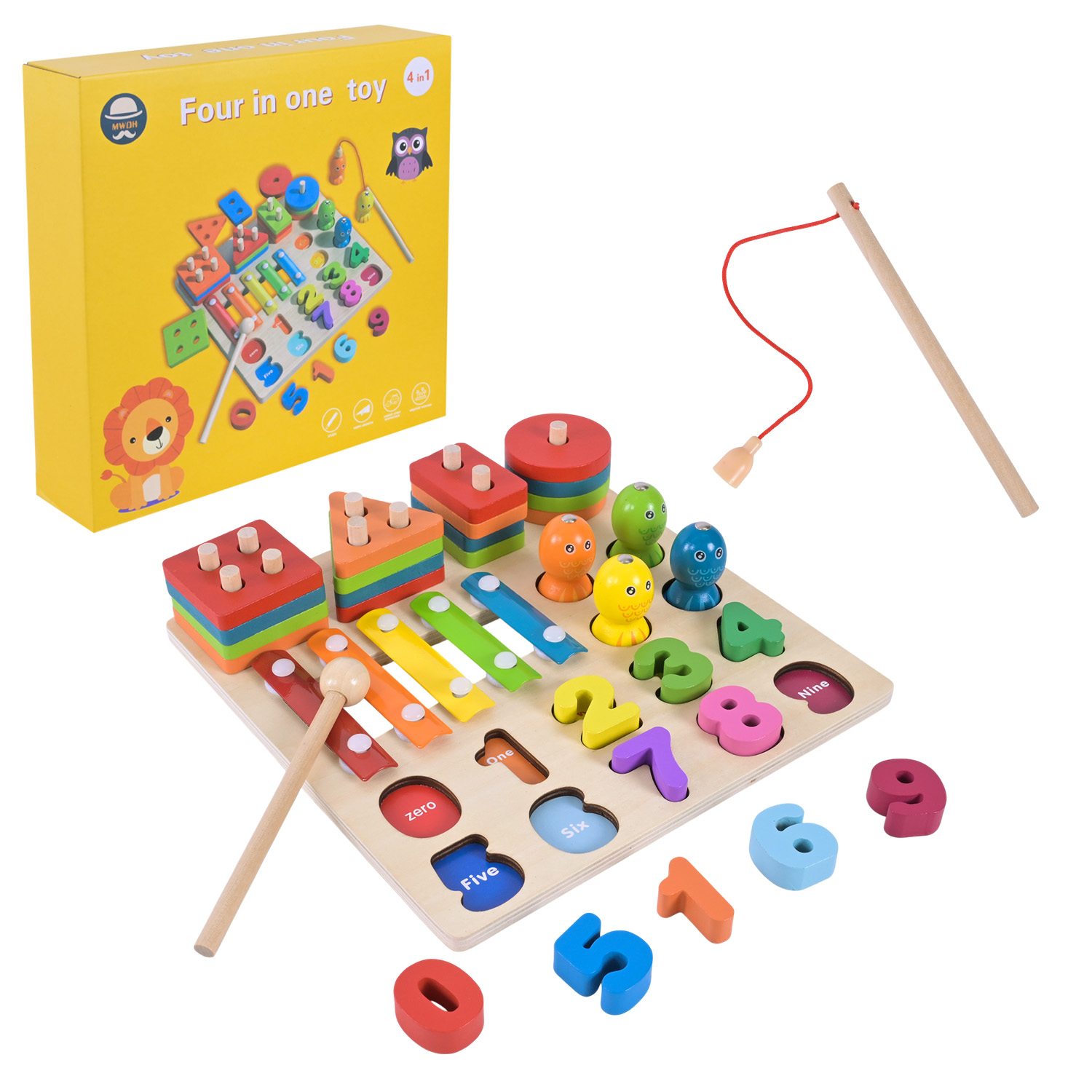 Дерев’яна іграшка арт. C9404 (32шт) 4в1 вкладиші, рибалка, сортер, ксилофон у кор. 22,5*22,5см