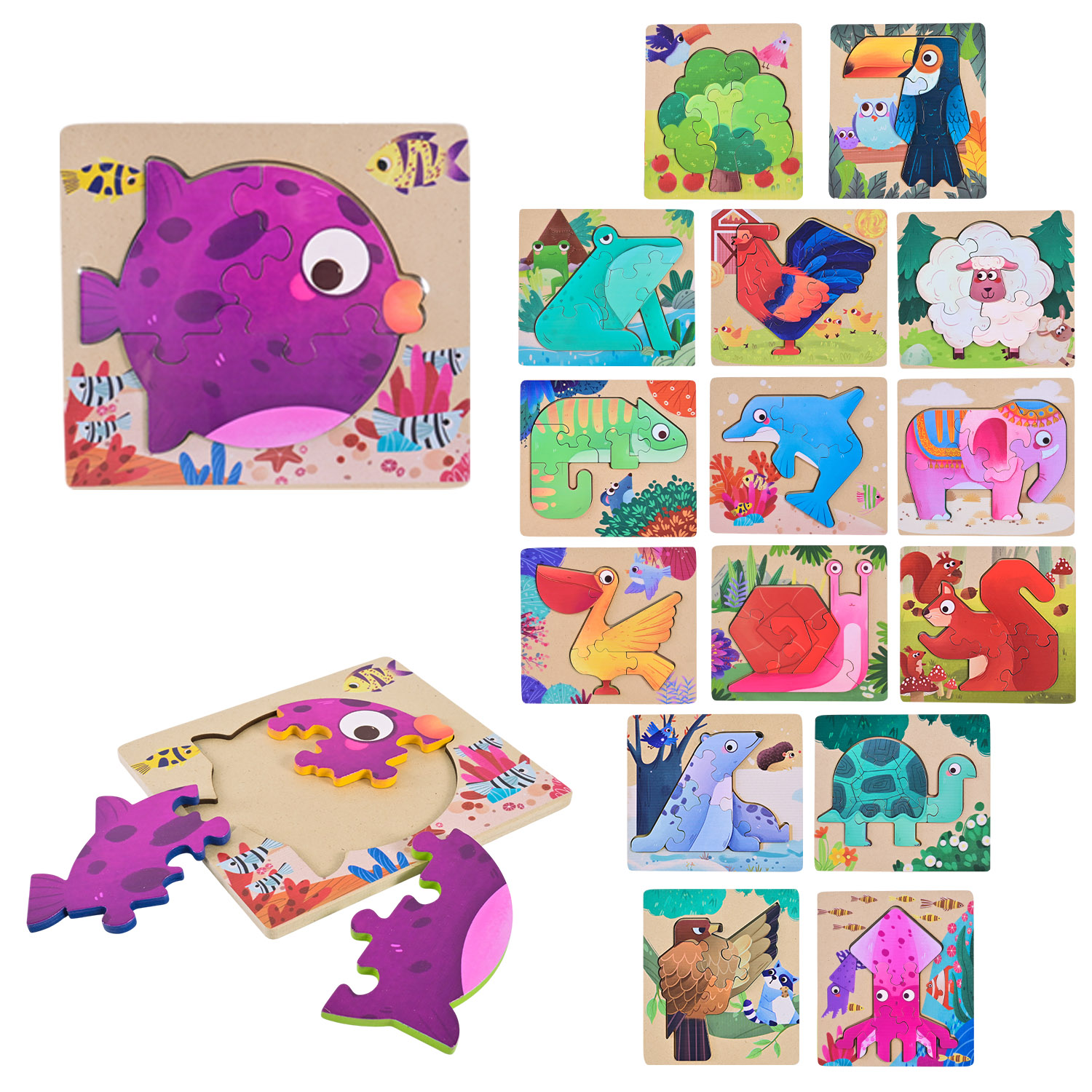 Дерев’яна іграшка арт. C9409 (180шт)  пазли тварини  мікс 16 видів 16,5*15см у плівці