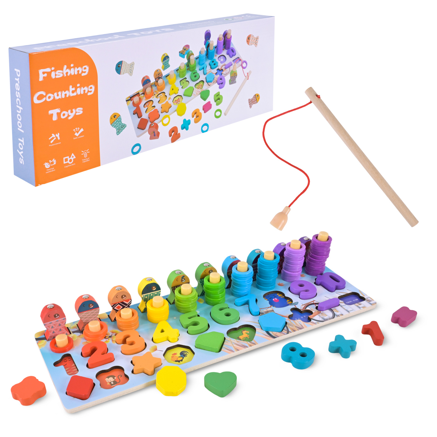 Дерев’яна іграшка арт. C9410 (56шт)  4в1 вкладиші, цифри, пірамідки, рибалка у кор. 37*13,5см