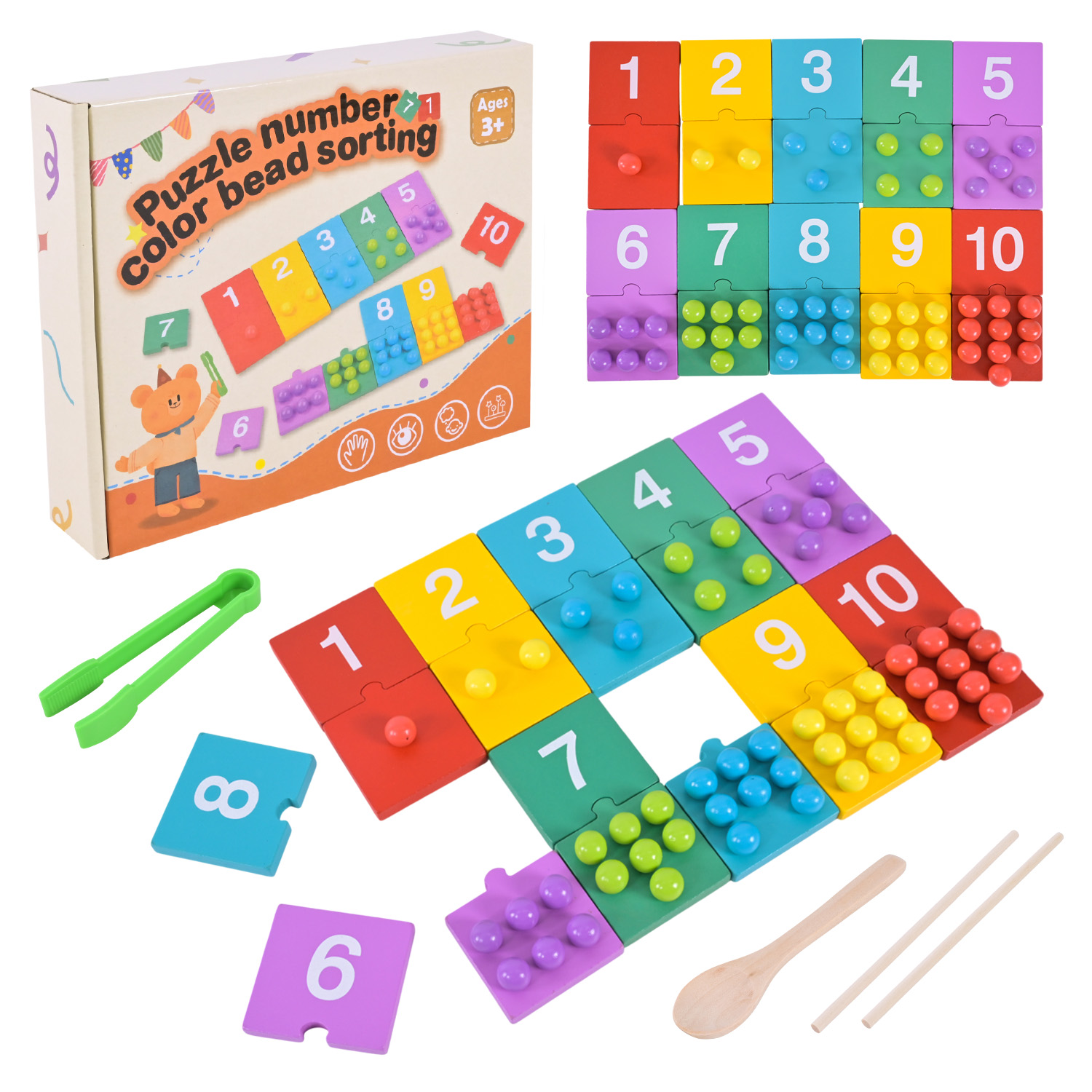 Дерев’яна іграшка арт. C9412 (30шт)  пазли цифри, бусини, у кор. 23*19см