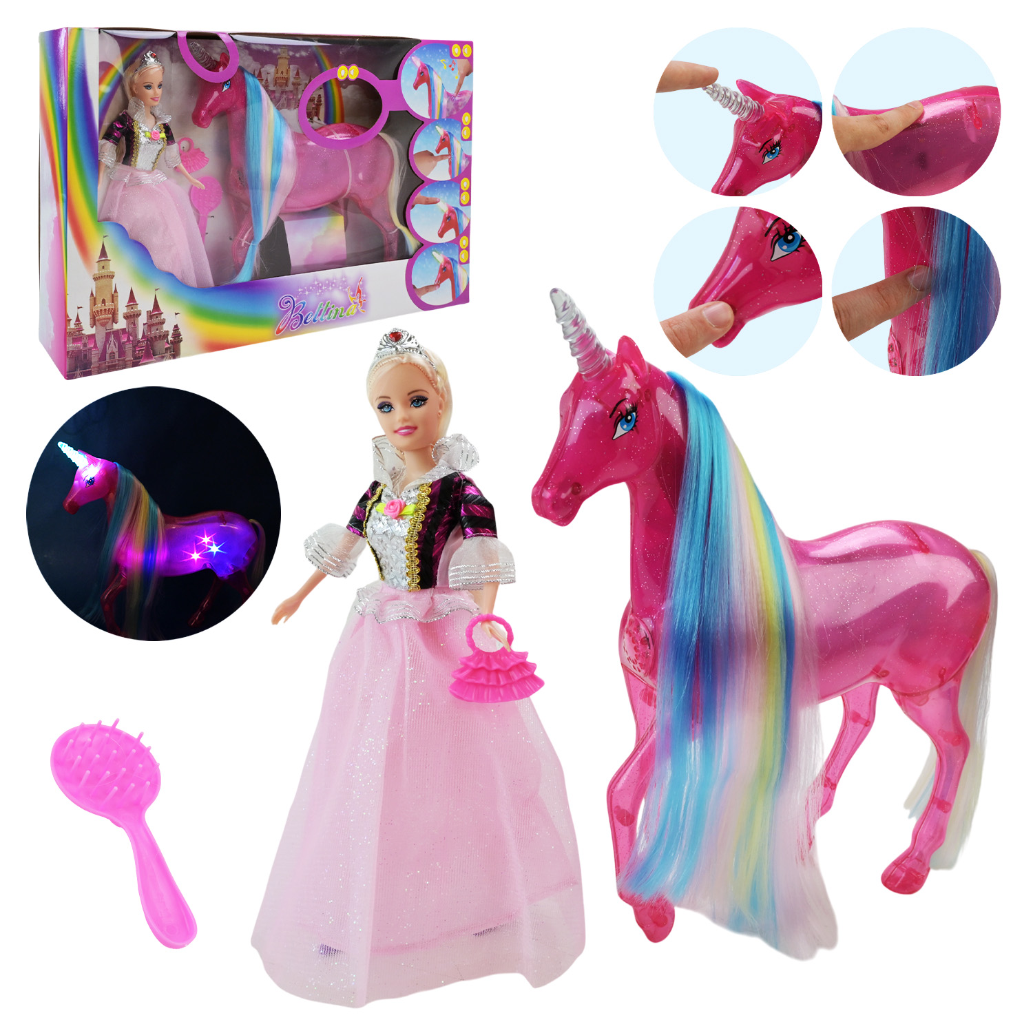 Лялька арт. 68809 (18шт/2) звук, світло, з аксесуаром, з единорогом, единоріг сяє, в коробці 53,5*8,5*32,5 см