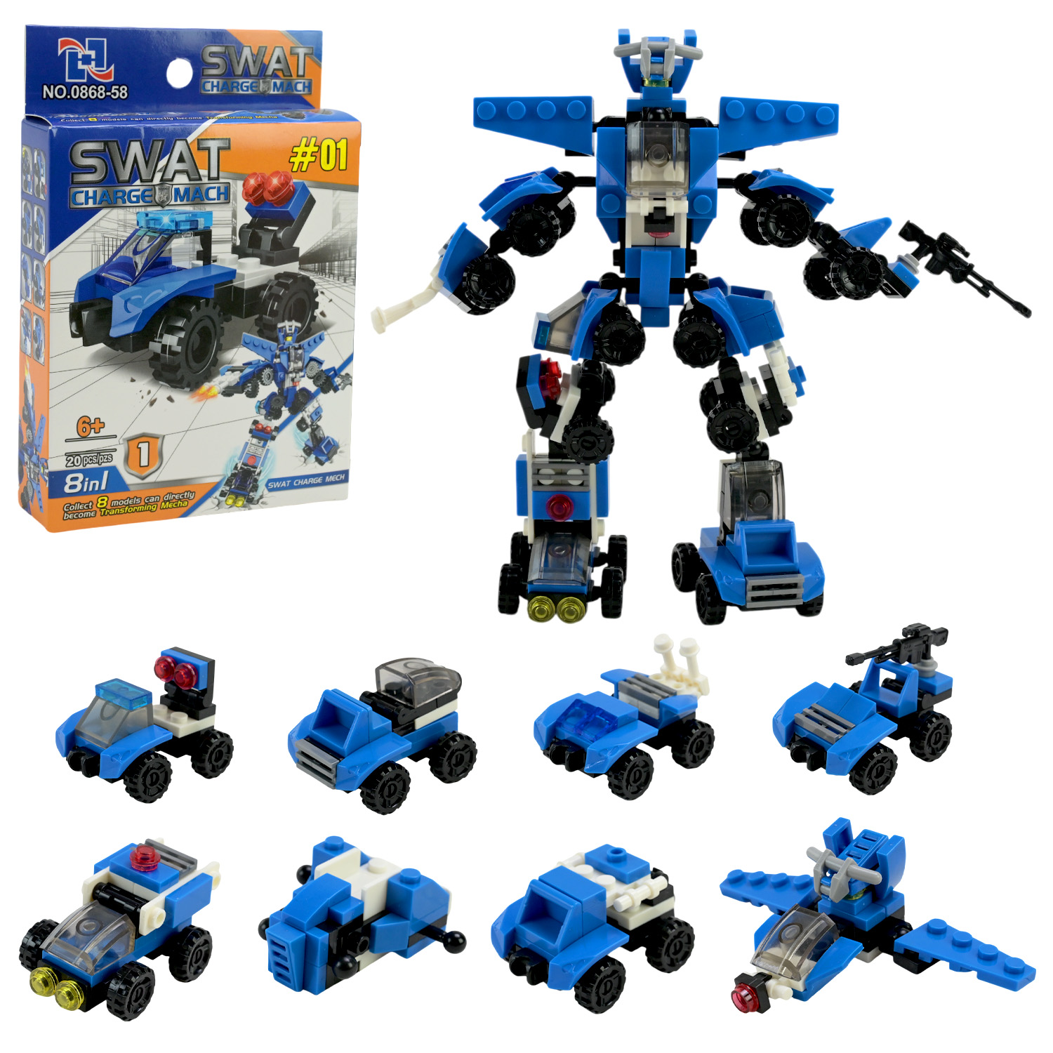 Іграшковий набір арт. 0868-58 (576шт/2) 20дет.сбірна модель робот-машина полиція 8 в 1, 8 видів, короб.9,3*2,5*13,5см