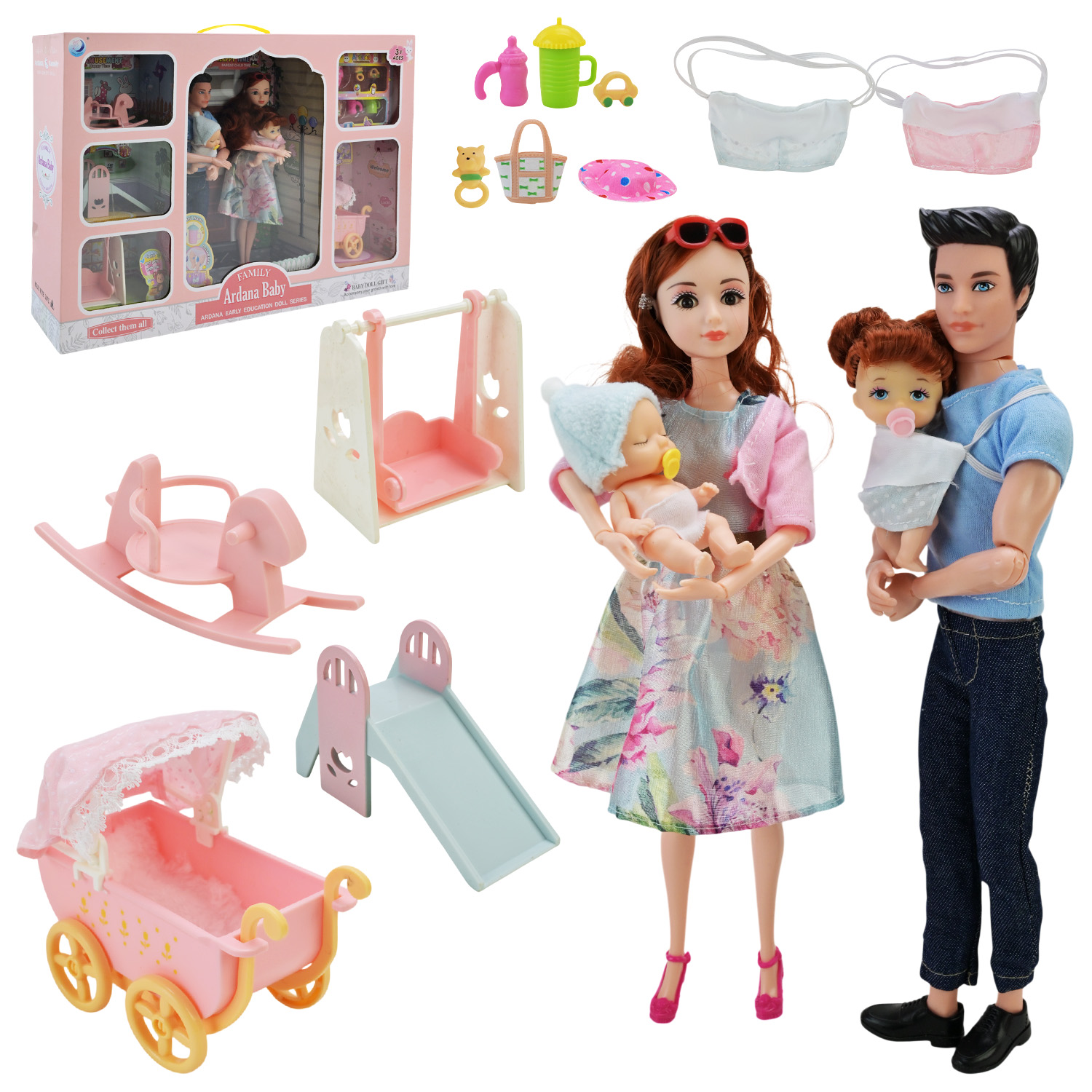 Лялька арт. 202169 (12шт/2) сім'я 4 ляльки(мама, тато, 2 малюки), візочок, ліжечко, аксес короб. 75*10*36 см