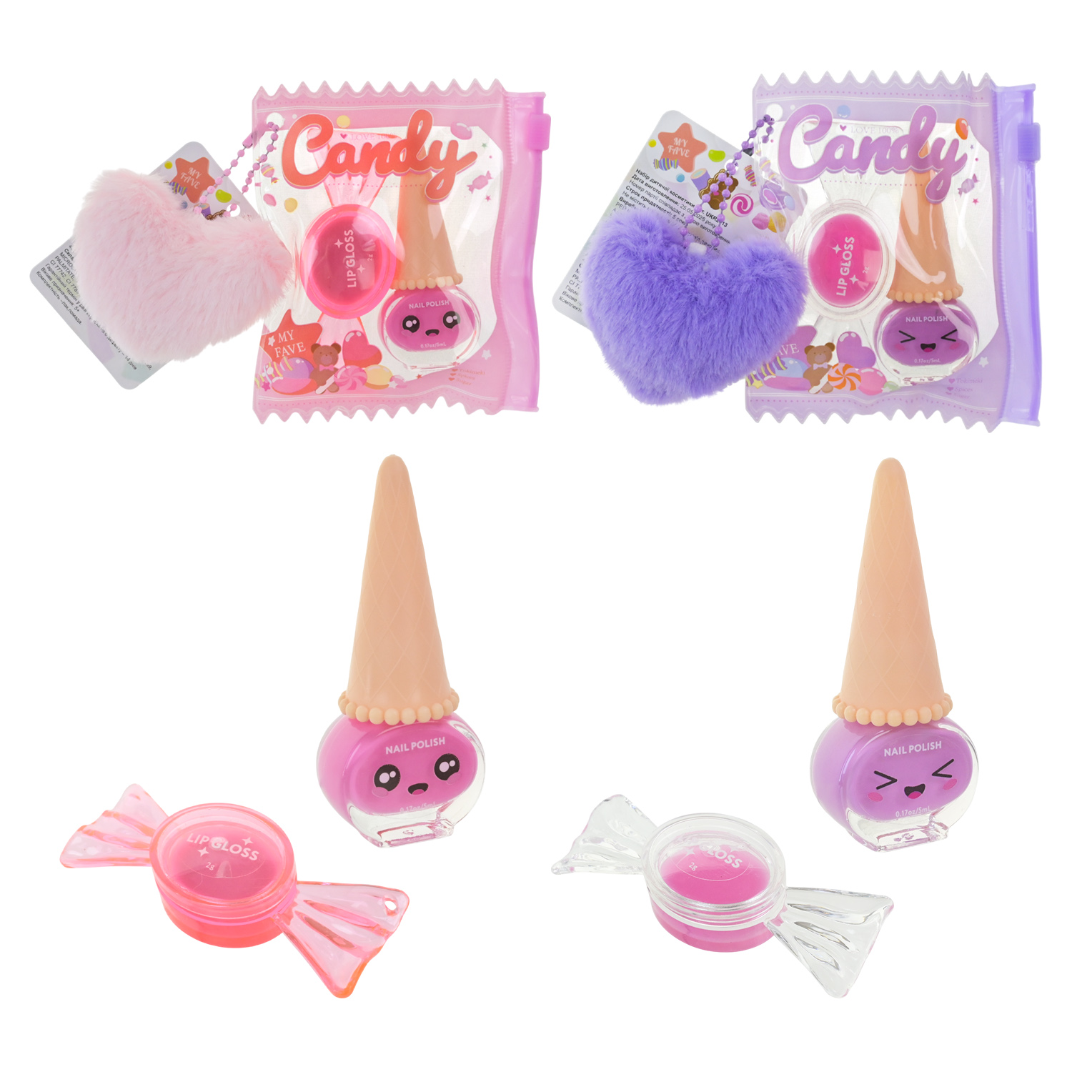 Косметика набір арт. UKR2413 (144шт/12) мікс 4 види, бальзам для губ, лак, блиск, аксес, у сумочці з помпоном сердце короб. 8*8*2 2 види