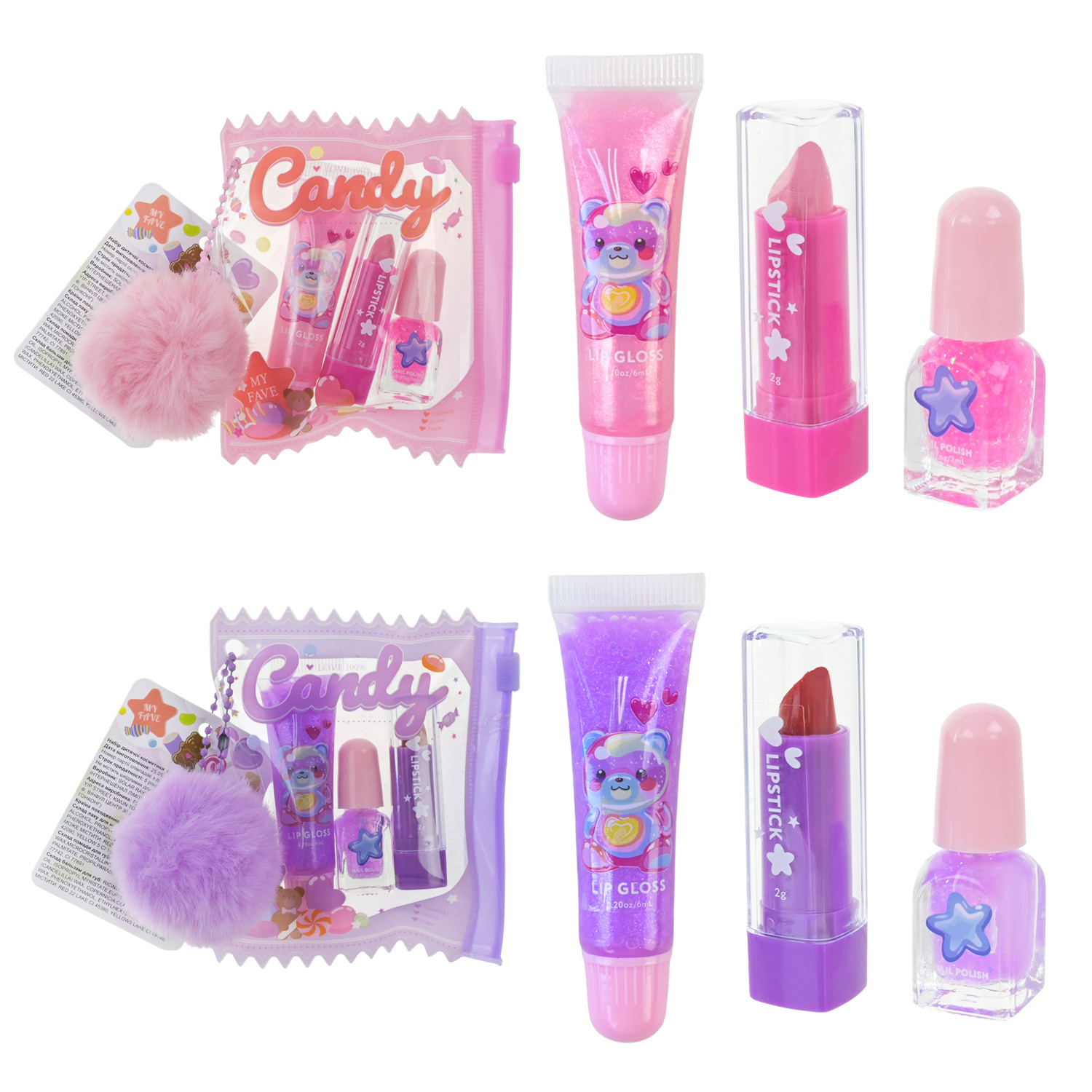 Косметика набір арт. UKR2414 (144шт/12)   мікс 4 види, бальзам для губ, лак, блиск, аксес, у сумочці з помпоном шар короб. 8*8*2 2 види