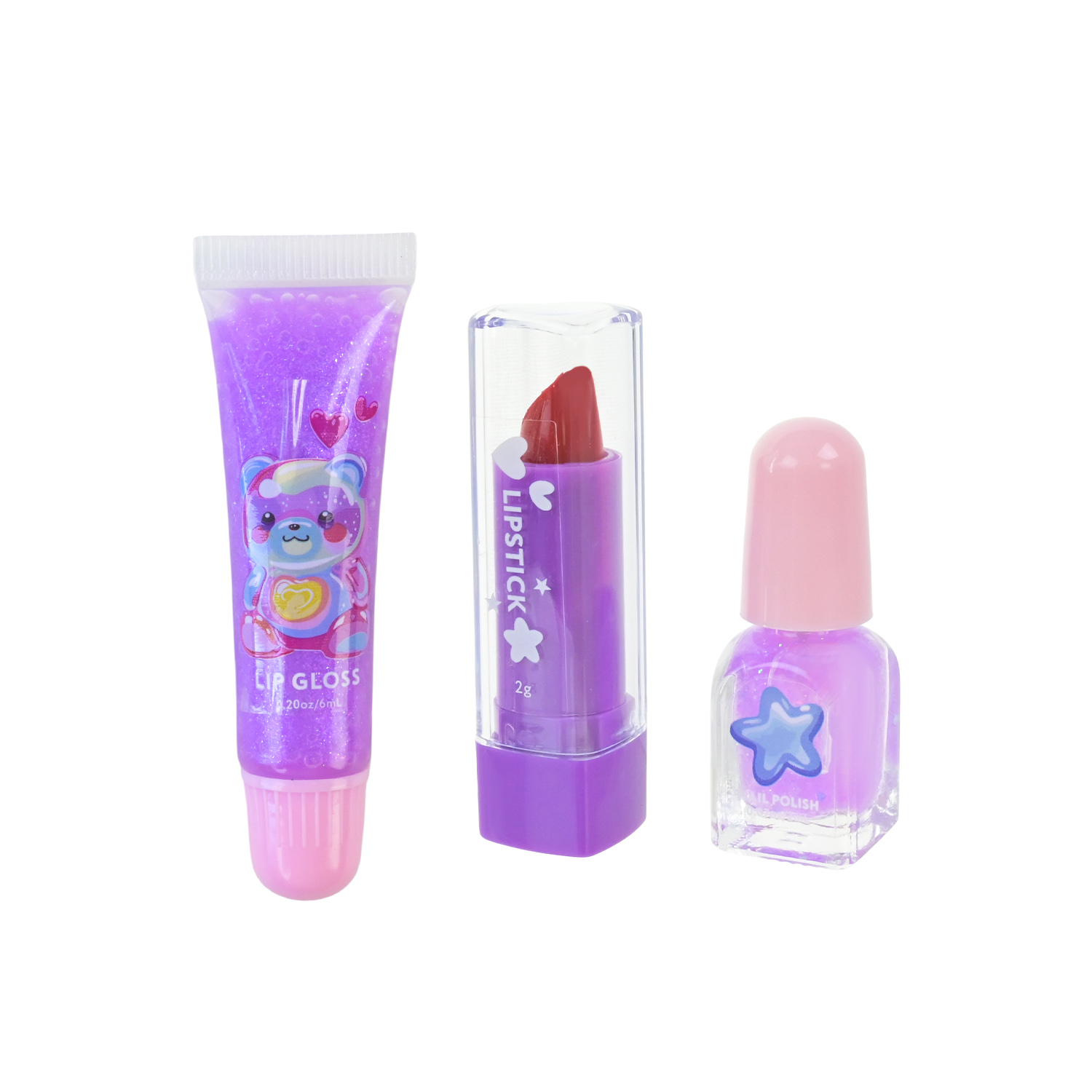 Косметика набір арт. UKR2414 (144шт/12) мікс 4 види, бальзам для губ, лак, блиск, аксес, у сумочці з помпоном шар короб. 8*8*2