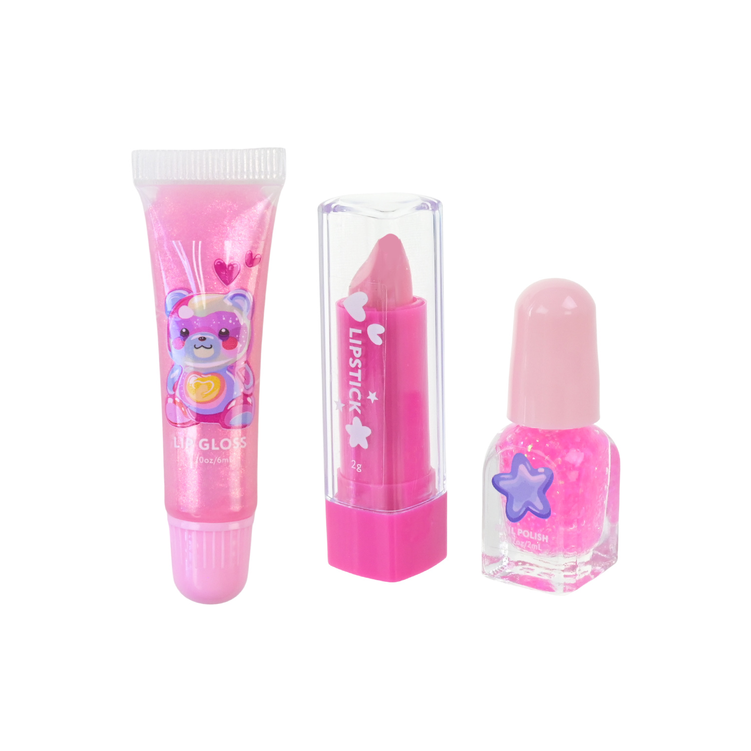 Косметика набір арт. UKR2414 (144шт/12) мікс 4 види, бальзам для губ, лак, блиск, аксес, у сумочці з помпоном шар короб. 8*8*2