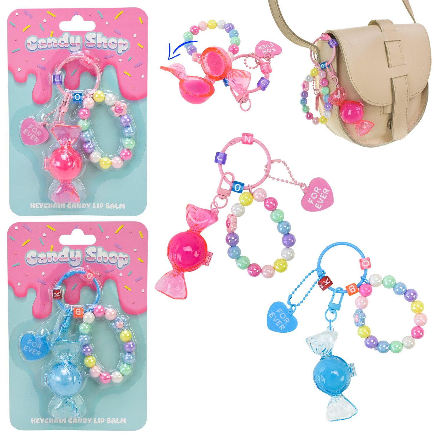 Косметика арт. UKR2415 (108шт/6) бальзам для губ, браслет, брелок планшет 9*14см 2 види, планшет 14*3*21см