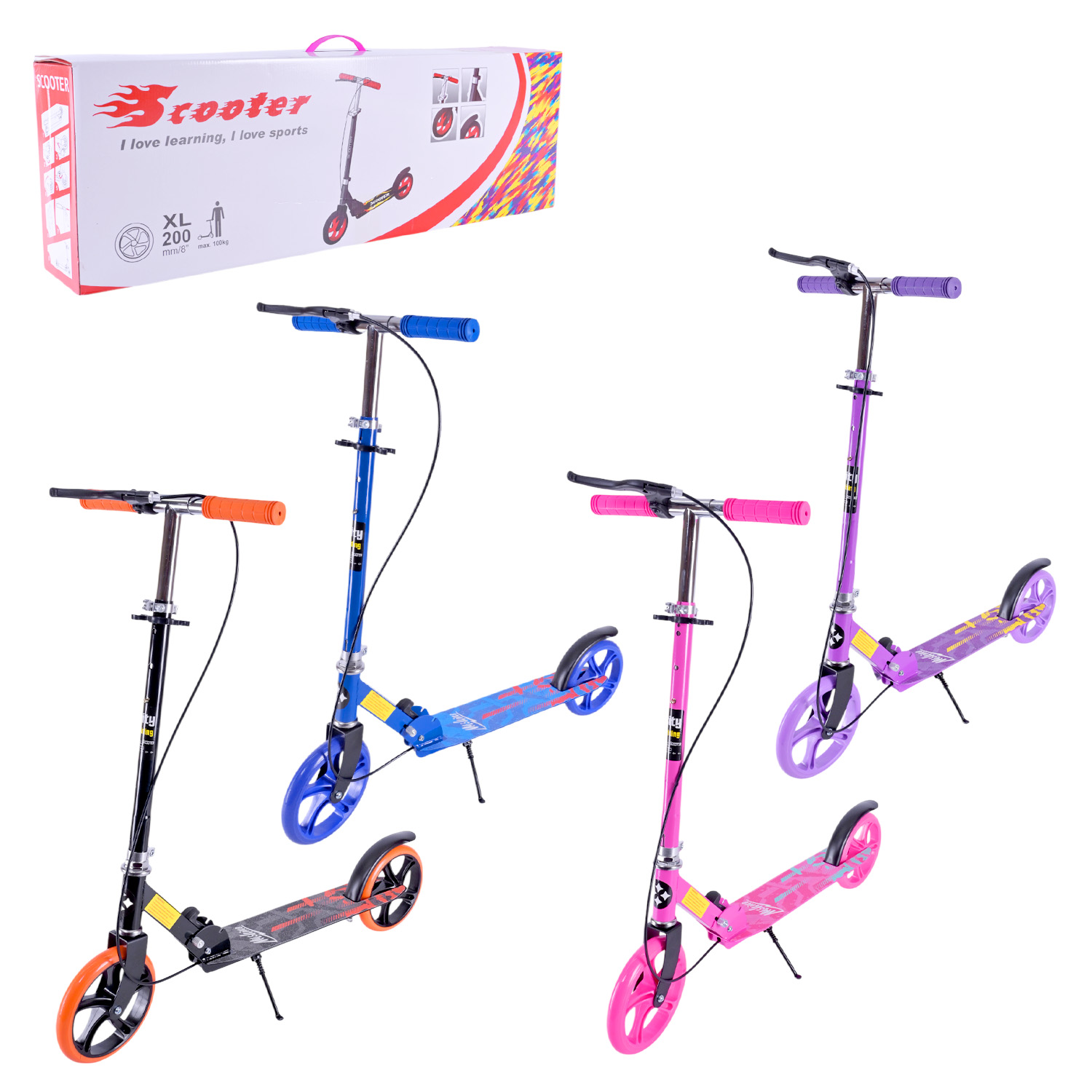 Самокат міський 2-х коліс. арт. SK2521 (4шт) сталевий,колеса 200 мм,гальмо, 4 кольори, короб. 79*13*26 см