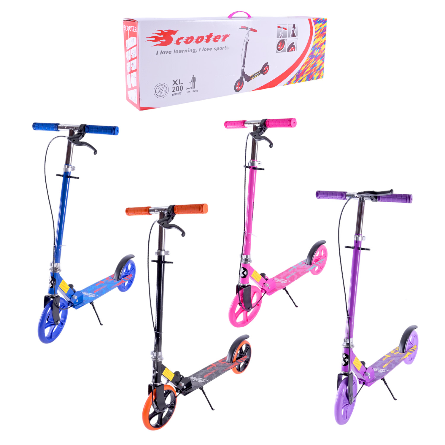 Самокат міський 2-х коліс. арт. SK2521 (4шт) сталевий,колеса 200 мм,гальмо, 4 кольори, короб. 79*13*26 см