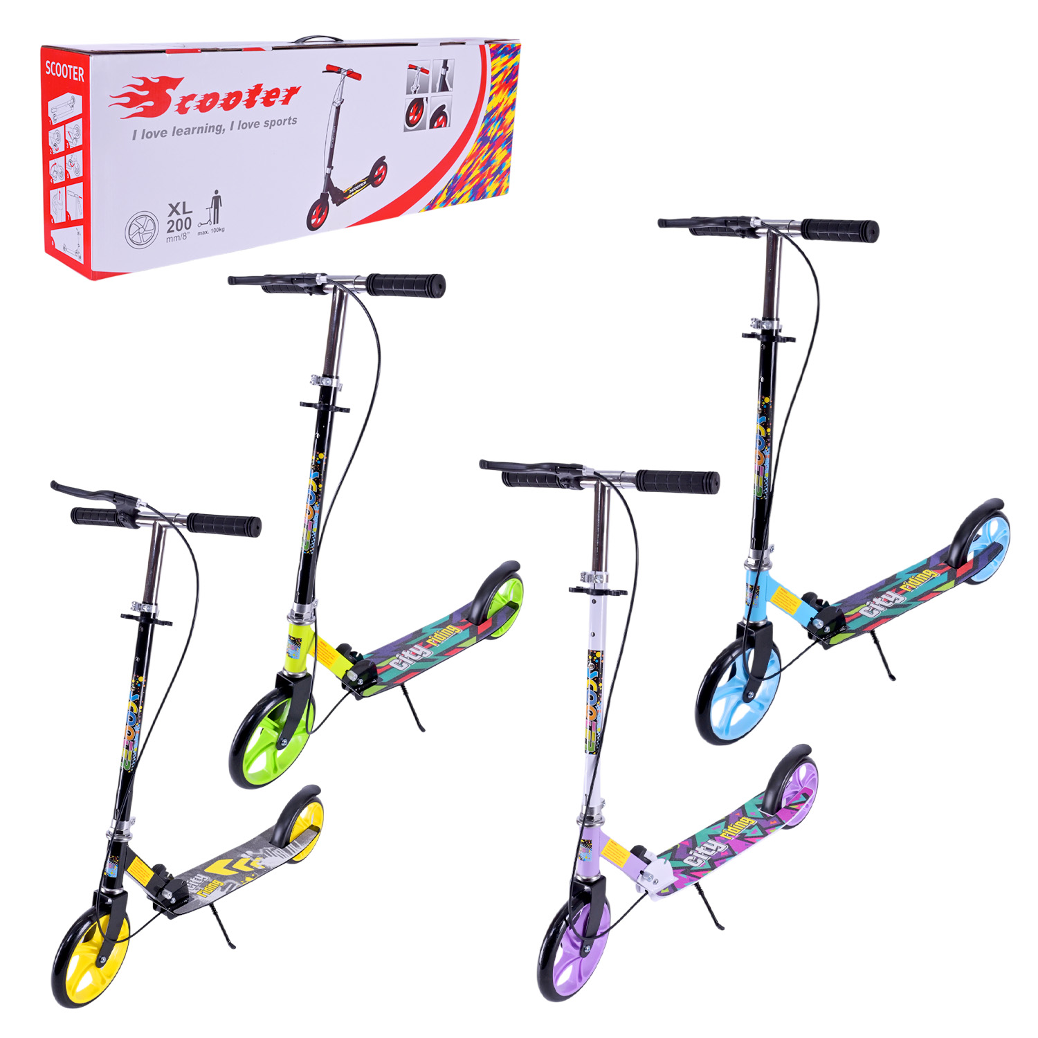 Самокат міський 2-х коліс. арт. SK2522 (4шт) сталевий,колеса 200 мм,гальмо, 4 кольори, короб. 79*13*26 см