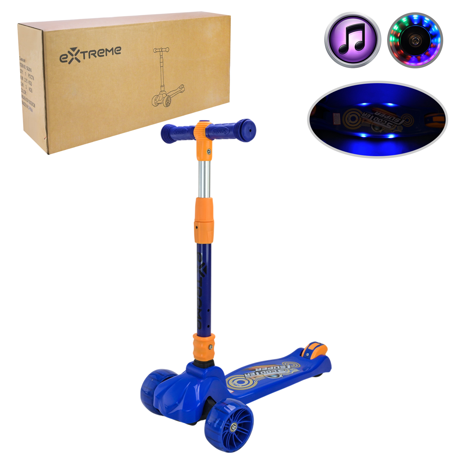 Самокат дитячий 3-х коліс арт. SC814_Blue  (1шт)  СИНІЙ,3 колеса,PU світло, заднє пластик,складний короб.