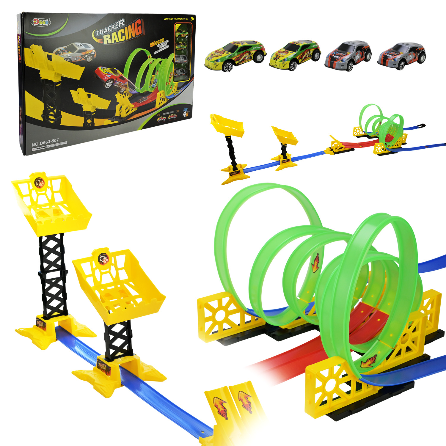 Трек арт. D663-507 (12шт/2)+4 машини,світиться у темряві,короб. 65*40*7см