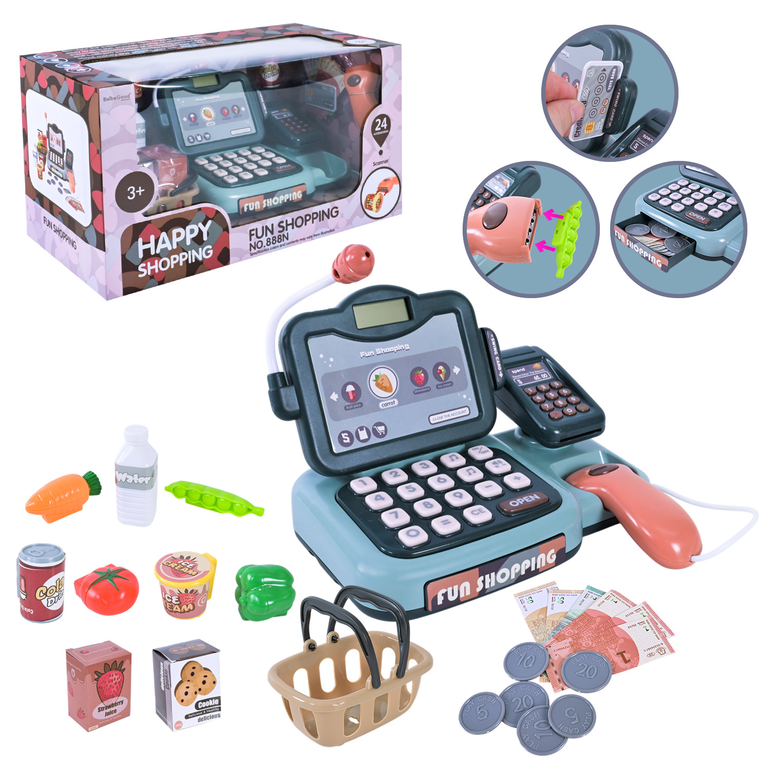 Каса набір арт. 888N (18шт/2) батар. світло, звук, аксес короб. 38*19*20 см